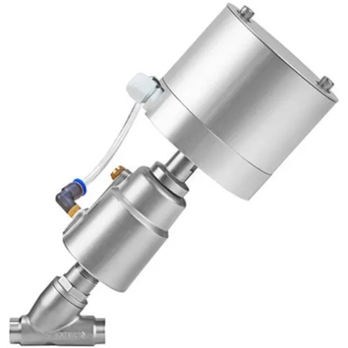 Клапан пневматический с позиционером из нержавеющей стали под сварку АСТА-Р12-020-9,5Л-М-16-04-200-С/ППП-50 (НЗ)-ЭП Ру16 Ду20 ( PN16 DN20 )