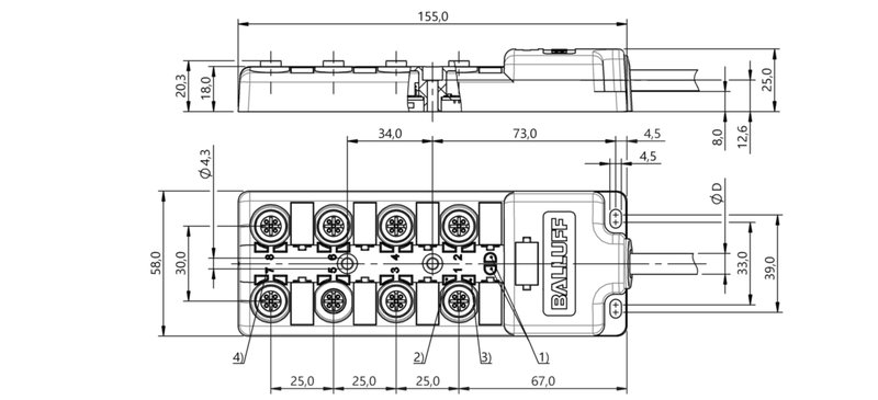 Распределительная коробка Balluff BPI 8M4A5N-2K-B0-KPXL0-150