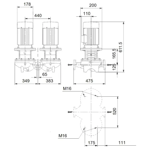 Сдвоенный центробежный насос 1,5 квт Grundfos TPD 65-130/4 A-F-B-BAQE-HX3 96087485